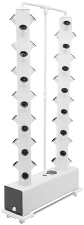 56-Plant Hydroponic Growing System - Indoor/Outdoor Garden Planter Kit with Pump &amp Wheels Smart Hydroponics Tower for Easy Vegetable &amp Herb Growth White Base