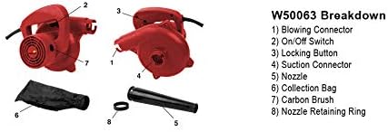 Performance Tool W50063 600W Garage/Shop Handheld Blower - Compact 75+ mph air Flow 16000 max RPM - Large Handle with Lockable Trigger - Includes Vaccum Bag