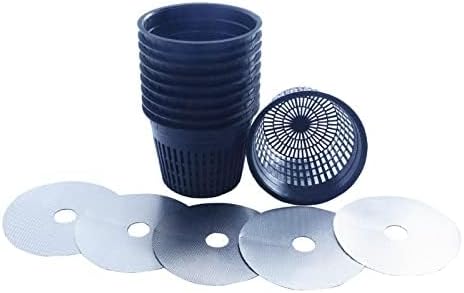 HORTIPOTS 5 Inch Net Pots Raised Center Bottom Mesh Side Wide Rim Round Cup with Free Reflective Top Lids for Hydroponics Systems (Pack of 10 Black)