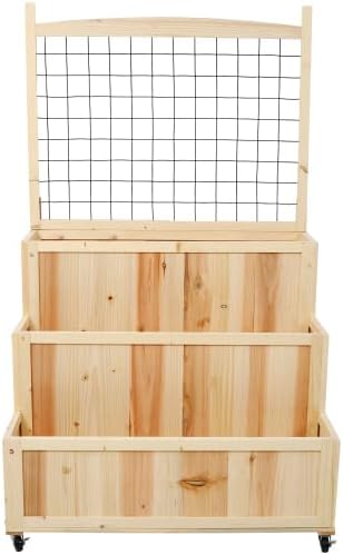3-Tiers Raised Garden Bed with Trellis 53 H Vertical Planter Box with Wheels &amp Back Storage Area for Flowers Vegetables Herbs Natural