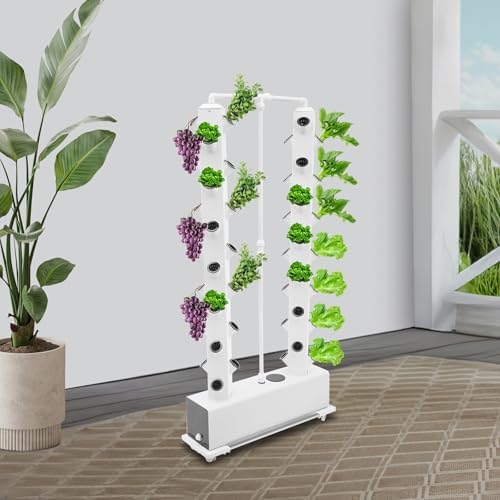 56-Plant Hydroponic Growing System - Indoor/Outdoor Garden Planter Kit with Pump &amp Wheels Smart Hydroponics Tower for Easy Vegetable &amp Herb Growth White Base