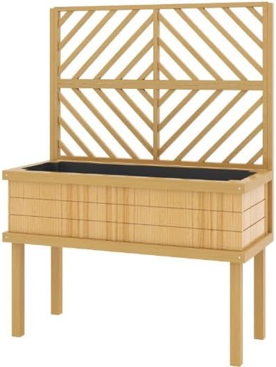 Standing Garden Bed with Built-in Trellis Elevated Wood Planter with Legs &amp Drainage Holes Comfortable Height for Climbing Vegetables &amp Flowers (Natural)