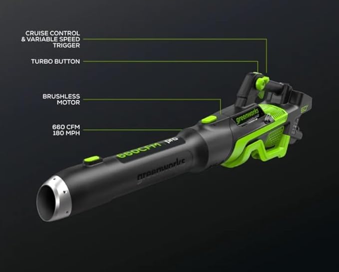 Greenworks Pro 60-Volt Max Lithium Ion 660-CFM 180-MPH Brushless Cordless Electric Leaf Blower Battery and Charger Not Included Black
