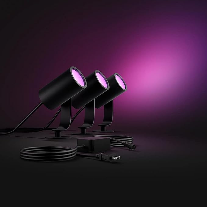 Philips Hue Lily White &amp Color Outdoor Spot Light Base kit (Hue Hub Required) 3 Spot Lights with Power Supply + Mount Works with Alexa HomeKit &amp Google Assistant