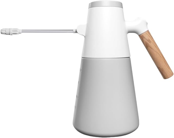 Electric Plant Mister with 180° Adjustable Long Nozzle 2 Spray Modes Battery Operated Garden Sprayer for Indoor Outdoor Plants – Minimalist White Design with Wood Grain Handle