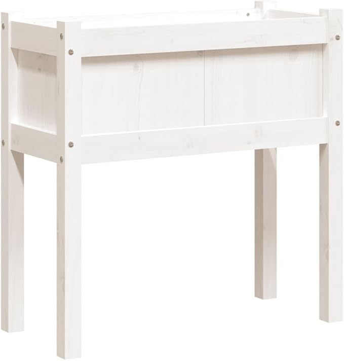 White Solid Pine Wood Garden Planter Rectangular Decorative Inlays 27.6 x 12.2 x 9.6 Inch Capacity Outdoor Raised Garden Bed for Patio Balcony Gardening