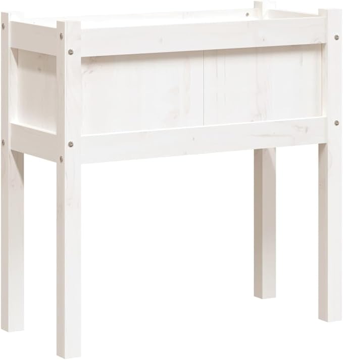 White Solid Pine Wood Garden Planter Rectangular Decorative Inlays 27.6 x 12.2 x 9.6 Inch Capacity Outdoor Raised Garden Bed for Patio Balcony Gardening