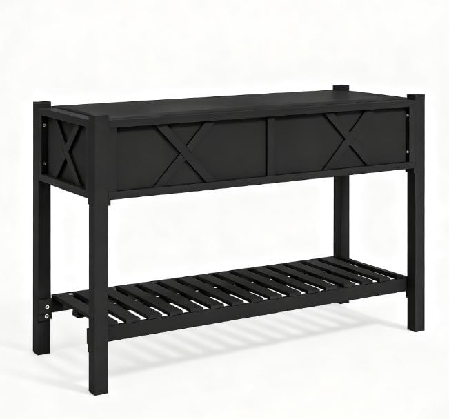 Elevated Wood Planter Box with Storage Shelf &amp Liner Raised Garden Bed with Drainage Holes Complete Gardening Solution for Patio Deck &amp Backyard (Black)