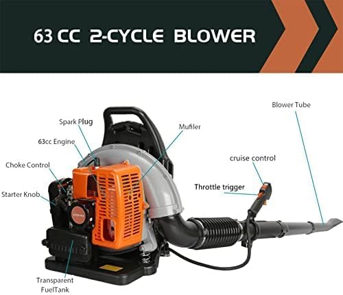 Backpack Leaf Blower 665 CFM Leaf Blower Gas Blower Electric Gas Leaf Blower for Lawn Care 1.7L Fuel Tank Leaf Blower 2-Stroke Engine Multi-Purpose 63CC High Strength Snow Blower (Orange)