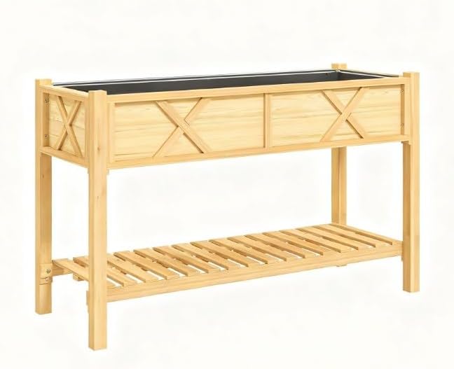 Dual-Tier Elevated Wood Planter Box with Storage Shelf – Raised Garden Bed with Drainage Holes &amp Non-Woven Liner – Weather-Resistant Painted Fir Wood for Outdoor Gardening (Natural Wood)