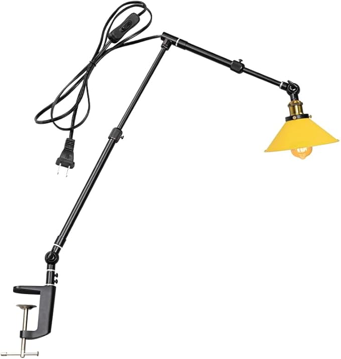 Clip Mount Plant Growing Stand Socket Light E26 Base 15Ft Timer Switch Cord Adjustable Length Yellow Shade for Indoor Desk Or Shelf Plants(No Bulb)