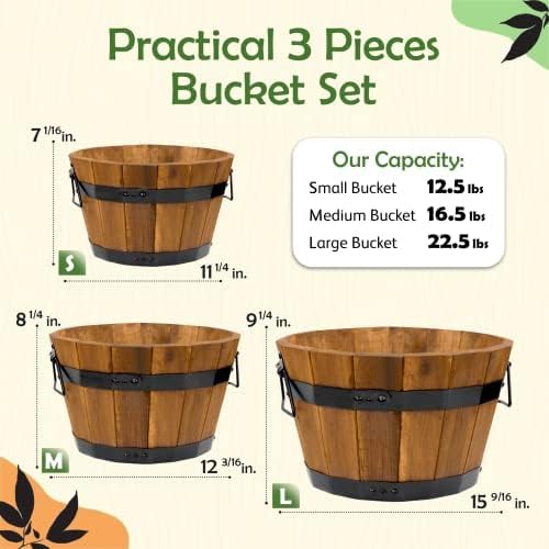 Idzo Set of 3 Wooden Upgraded Brown Orange Flower Boxes Outdoor Durable Acacia Wood Barrel Planters for Outdoor Plants with Ergonomic Handles Drainage Holes Multiple Sizes Wood Bucket Planter