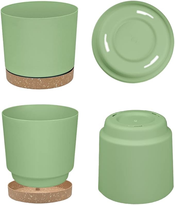ZMTECH Plant Pots Set of 6 6.5'' Self Watering Plastic Planter with Drainage Hole and SaucerModern Decorative Flower Pot for Indoor Outdoor House Plants Succulents Flowers - Green