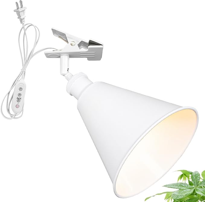 Clip Mount 5.9Ft Plug in Timing Cord Plant Light Full Spectrum White Light White Base White Metal Cone Shade Adjusted Angle Simple Clamp Light for Indoor Plants