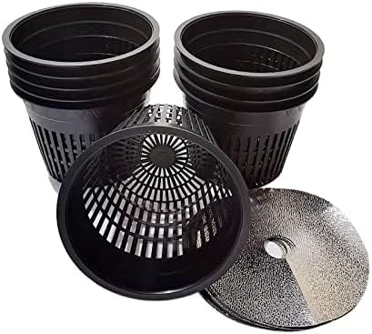 HORTIPOTS 5 Inch Net Pots Raised Center Bottom Mesh Side Wide Rim Round Cup with Free Reflective Top Lids for Hydroponics Systems (Pack of 10 Black)