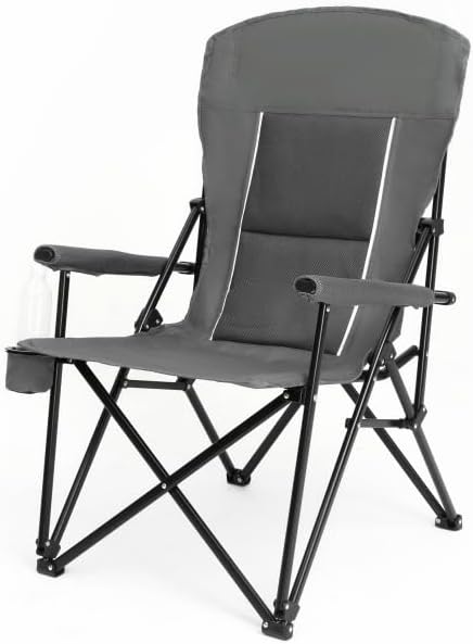 High Back Heavy Duty Lawn Chair Support 250LBS Portable Collapsible Chair with Cup Holder (Gray + Steel)