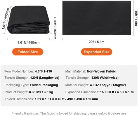 Weed Barrier Ground Cover Mat Black Geotextile Fabric 15x20 Feet 4 Ounce Garden Weed Control
