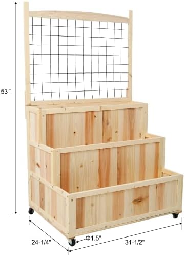 3-Tiers Raised Garden Bed with Trellis 53 H Vertical Planter Box with Wheels &amp Back Storage Area for Flowers Vegetables Herbs Natural
