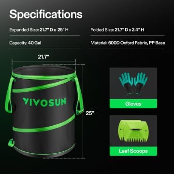 VIVOSUN 40-Gallon Collapsible Garden Bag Yard Waste Bin with Hard-Shell Bottom Leaf Scoops and Gloves Collapsible Yard Waste Containers for Lawn Care and Camping