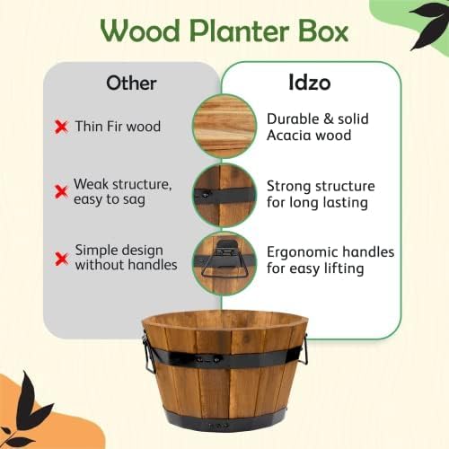 Idzo Set of 3 Wooden Upgraded Brown Orange Flower Boxes Outdoor Durable Acacia Wood Barrel Planters for Outdoor Plants with Ergonomic Handles Drainage Holes Multiple Sizes Wood Bucket Planter