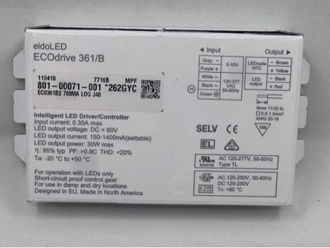 ECOdrive 361/B 700MA LOG ECOdrive 30W 0-10V 1 control channel constant current 1x 55V output bottom feed metal square 700MA LOG 262GYC *25407G *229UHT