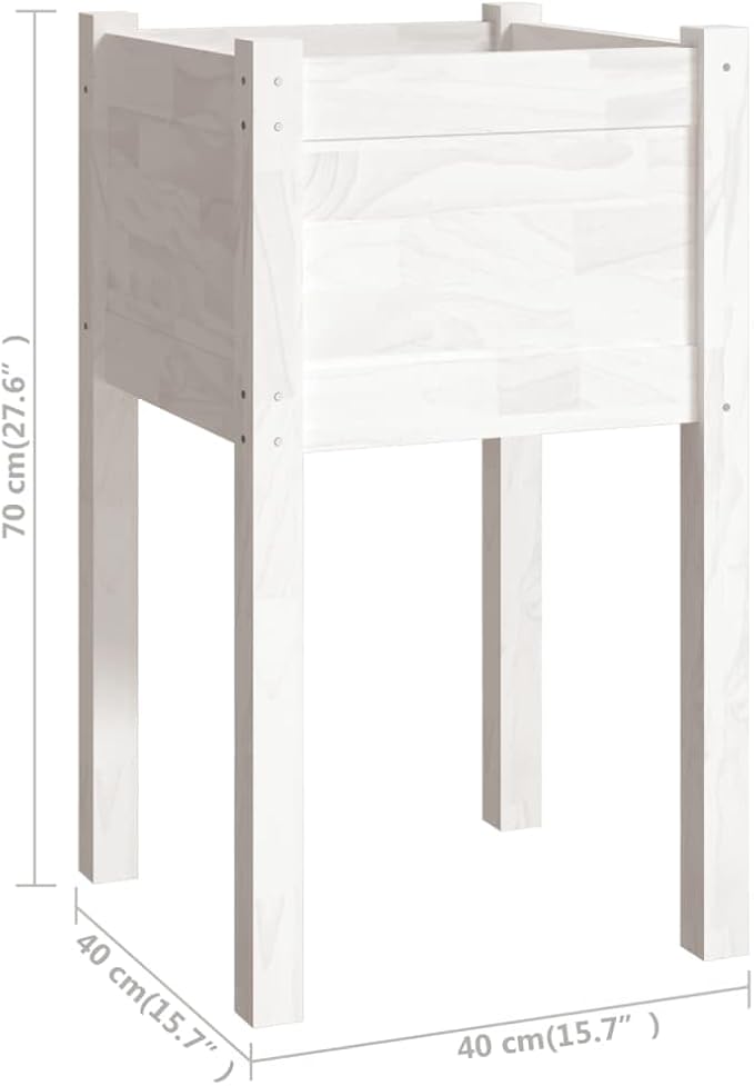 White Solid Pinewood Planter Square Garden Bed Outdoor Tall Raised Planter Box for Patio 15.7x15.7x27.6 Inch