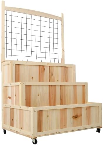 3-Tiers Raised Garden Bed with Trellis 53 H Vertical Planter Box with Wheels &amp Back Storage Area for Flowers Vegetables Herbs Natural