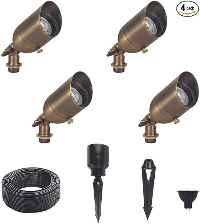 12V Brass Outdoor Spotlight 4-Pack Kit (Bronze) with 5W 2700K Warm White MR16 LED Bulbs for Low Voltage Landscape Lighting of Yard Lawn Garden Patio Trees &amp House
