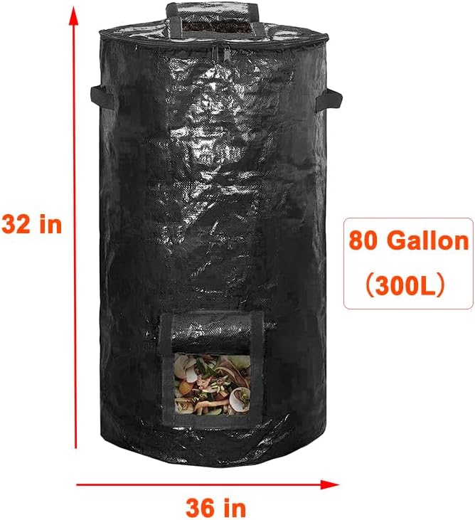 80 Gallon Compost Bin Bag for Outdoor Plastic Composting Bin with Zipper Lid and Handles Garden Kitchen Food Waste Lawn Leaf Reusable Compost Bag Friendly Organic Waste Collector ((2 PCS) Black)