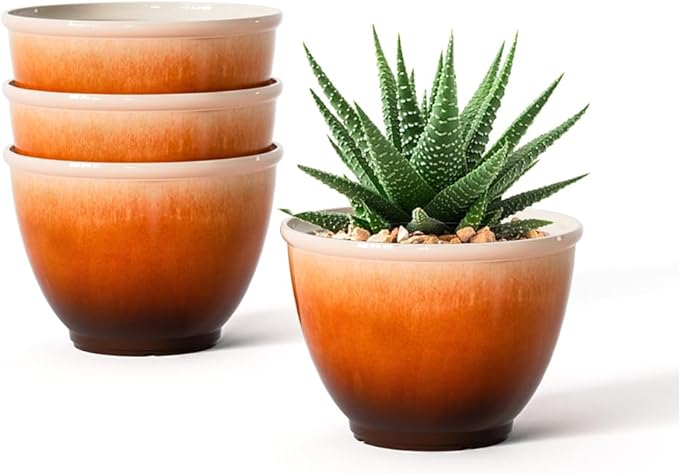 8 Inch Plant Pots with Drainage Hole 4 Pack Plastic Flower Pots Modern Sleek Decorative Planter for Indoor Outdoor Plants Succulent Snake (Orange)