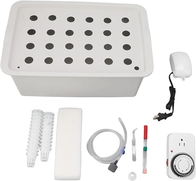 Hydroponics Growing System 24 Holes Gray Hydroponic System Planter Box with Timer and Oxygen Pump for Fast Plant Growth (US Plug 110V)