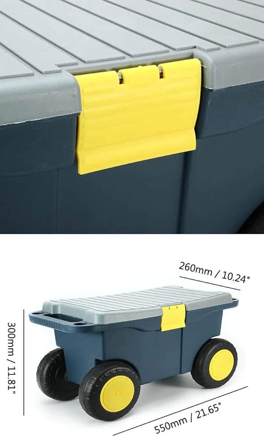 Removable Garden Cart Seat Double Layer Garden Storage Tool Cart Stool with Screw Storage Tray 4 Wheels Plastic Tools Storage Container