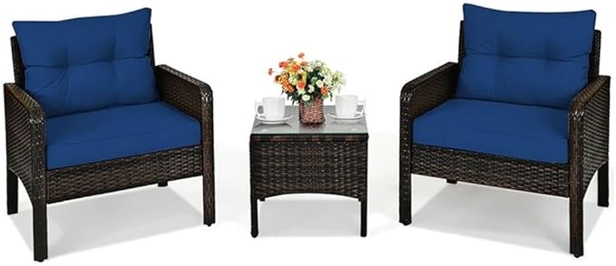 Pemberly Row 3-Piece 26'' Rattan Conversation Set Outdoor Seating Ensemble Built for Casual Comfort and Interaction Navy