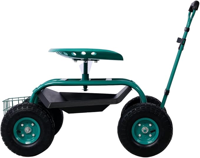 Heavy-Duty Garden Rolling Cart with Adjustable 360° Swivel Seat Tool Tray &amp Rear Storage Basket Steel Frame Large All-Terrain Wheels for Yard &amp Lawn Work (Green + Steel)