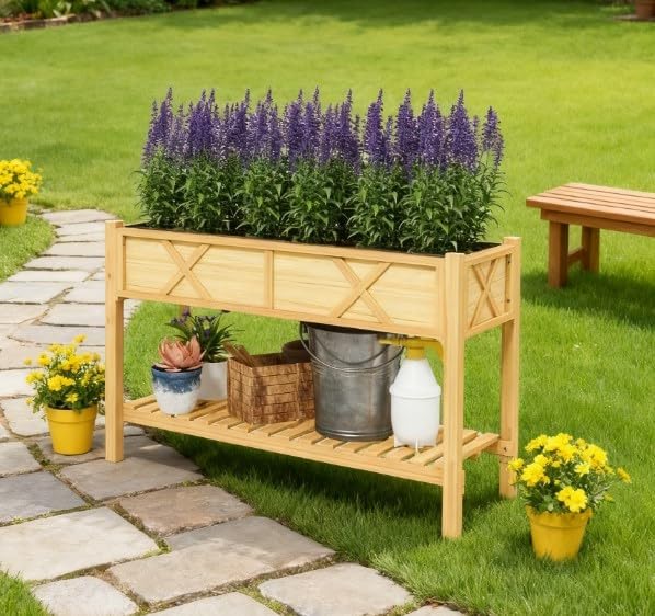 Dual-Tier Elevated Wood Planter Box with Storage Shelf – Raised Garden Bed with Drainage Holes &amp Non-Woven Liner – Weather-Resistant Painted Fir Wood for Outdoor Gardening (Natural Wood)