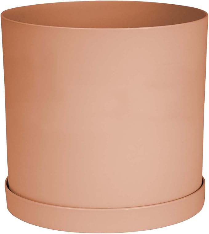 Bloem Mathers 10 Muted Terra Cotta Round Modern Resin Garden Planter Pot with Drainage Holes and Removable Saucer Tray Included