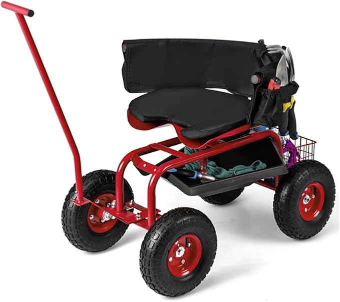 ERGOMASTER Garden Seat with Wheels Outdoor Gardening Wagon Scooter 2 Steering Handles 360° Swivel Workseat &amp Tool Storage Use for Patio Yard Lawn Red