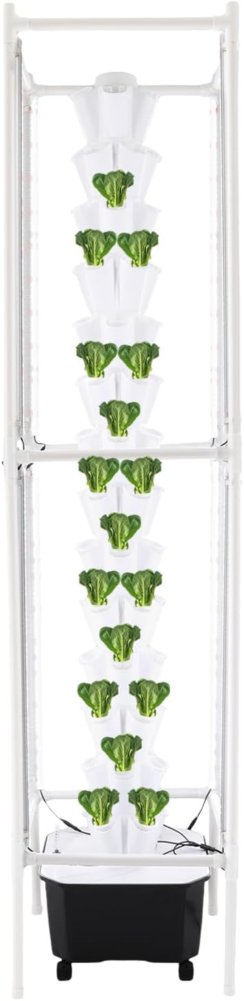 70-Pod Hydroponic Growing System with 8 Full-Spectrum LED Grow Lights 14-Tier Vertical Indoor Garden Tower Mobile Self-Watering Planter for Herbs Vegetables (White)