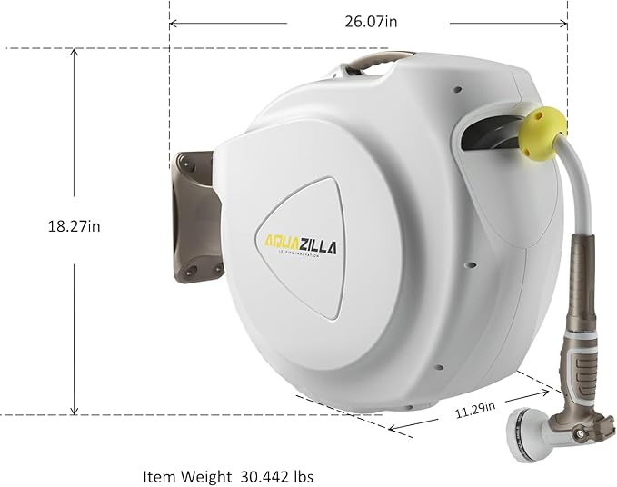 Retractable Garden Hose Reel 5/8 in 100+6 ft Heavy Duty Wall Mounted Water Hose Reel Spring Power Automatic Rewind Any Length Lock 180° Swivel Bracket 10 Pattern Spray Nozzle
