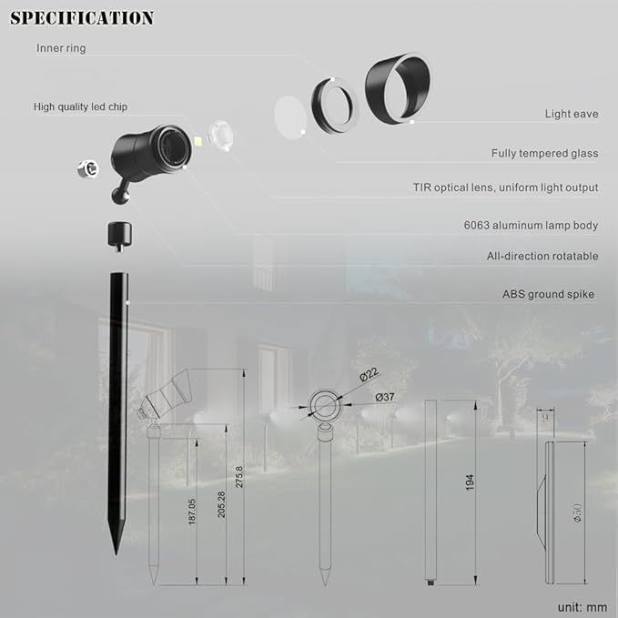 YASHIDA Outdoor Landscape LED Lighting DC12-24V 3W IP67 360 Degree Universal Rotary Led Spike Light kit Waterproof Led Spotlight with Spike Pole for Lawn Decorative Lamp Warm White 2700K