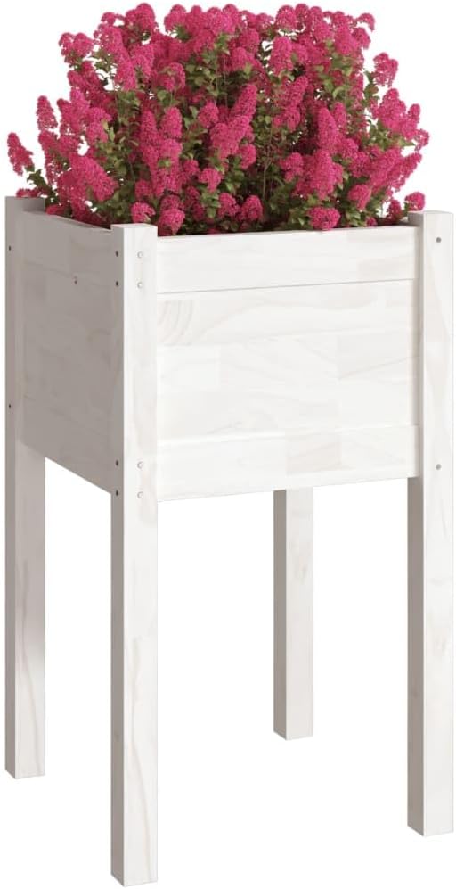 White Solid Pinewood Planter Square Garden Bed Outdoor Tall Raised Planter Box for Patio 15.7x15.7x27.6 Inch