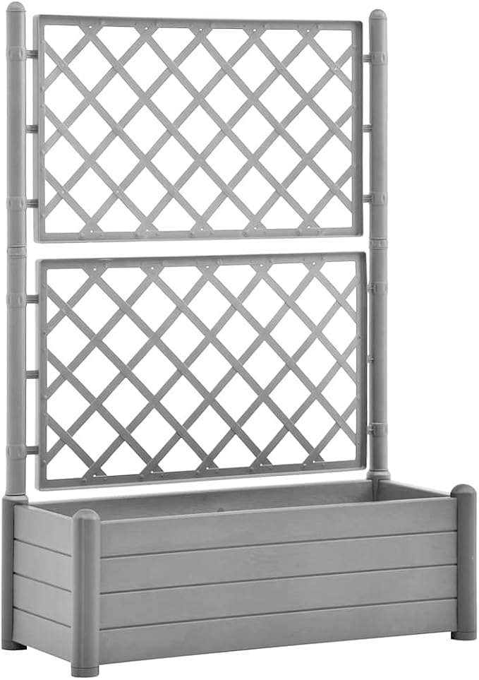 Stone Grey Polypropylene Garden Planter Rectangular Raised Bed with Integrated Trellis 39.4 x 39.4 x 55.9 Inch for Outdoor Plants Balcony Patio UV-Resistant