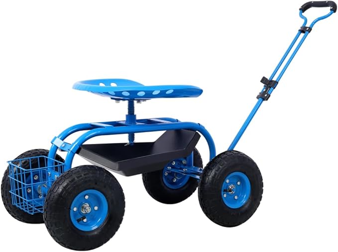 Heavy-Duty Garden Rolling Cart with Adjustable 360° Swivel Seat Tool Tray &amp Rear Storage Basket Steel Frame Large All-Terrain Wheels for Yard &amp Lawn Work (Blue + Steel)