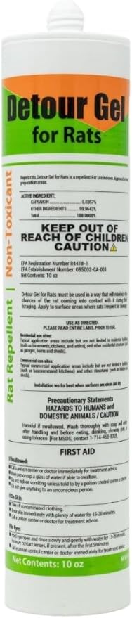DETOUR Rat Repellent Gel | Professional Grade Rat Mice Repellent | 10 oz Caulking Tube | NSF-Approved for Food Preparation Areas | Protects Car Engine Wires &amp Outdoor Grills from Rodents | Toxin-F