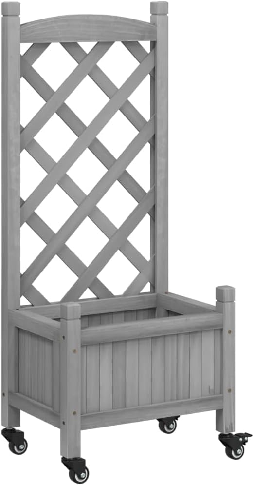 vidaXL Plant Pot with Trellis Wheels Flower Box with Trellis Planter for Patio Garden Plant Box Grey Solid Wood Fir 40 x 30 x 97.5 cm 3207645