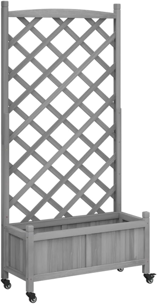 Wood Planter Box with Trellis and Wheel Outdoor Raised Garden Bed for Climbing Plants Free-Standing Trellis Planter Box 29.5x13.8x62 Gray Solid Wood Fir