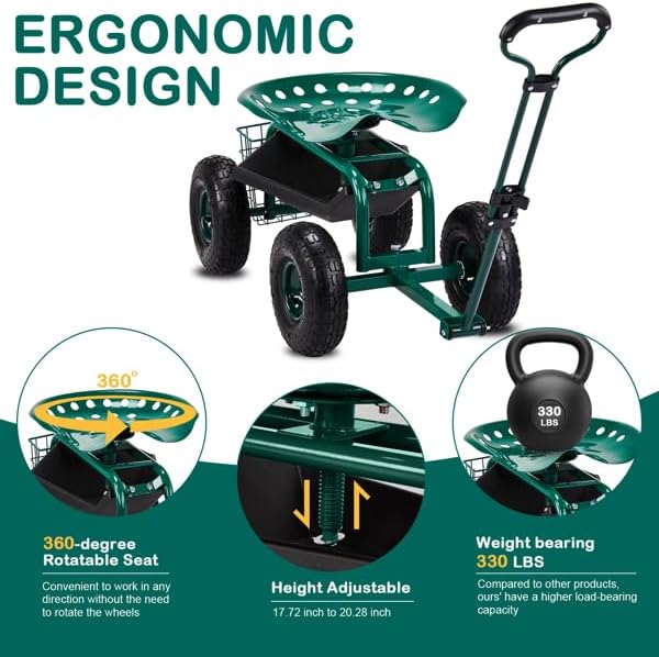 Garden Scooter Stool with Wheels Rolling Gardening Seat with Swivel &amp Tool Tray Adjustable Work Seat with Extendable Handle for Weeding Planting Outdoor Work Foldable Garden Seats