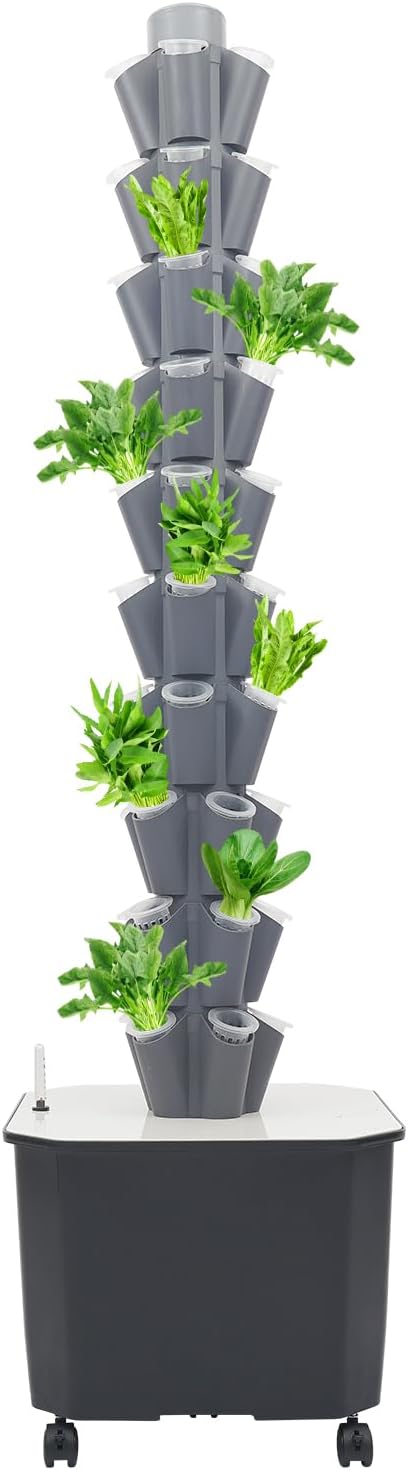 Hydroponic Growing System 50-Plant Vegetable Planter Tower with Wheels Outdoor Indoor Garden Vertical Planter Germination Kit with Water Pump Intelligent Water Circulation &amp Timer Function