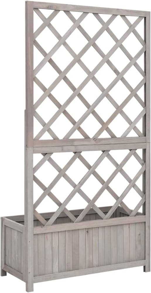 Rustic Grey Wooden Raised Garden Bed Planter 27.6 x 27.6 x 53.1 in Solid Firwood Trellis Outdoor Frame for Climbing Plants Balcony Patio Yard Flower &amp Herb Box