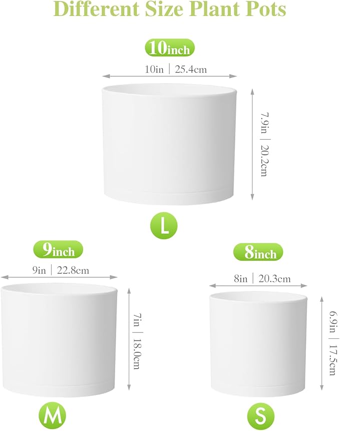 Large Plant Pots Set of 3 – 8 9 10 Indoor Flower Pots with Drainage Holes and Saucers Big Planters for Monstera Fiddle Leaf Fig Snake Plant – 5 Colors